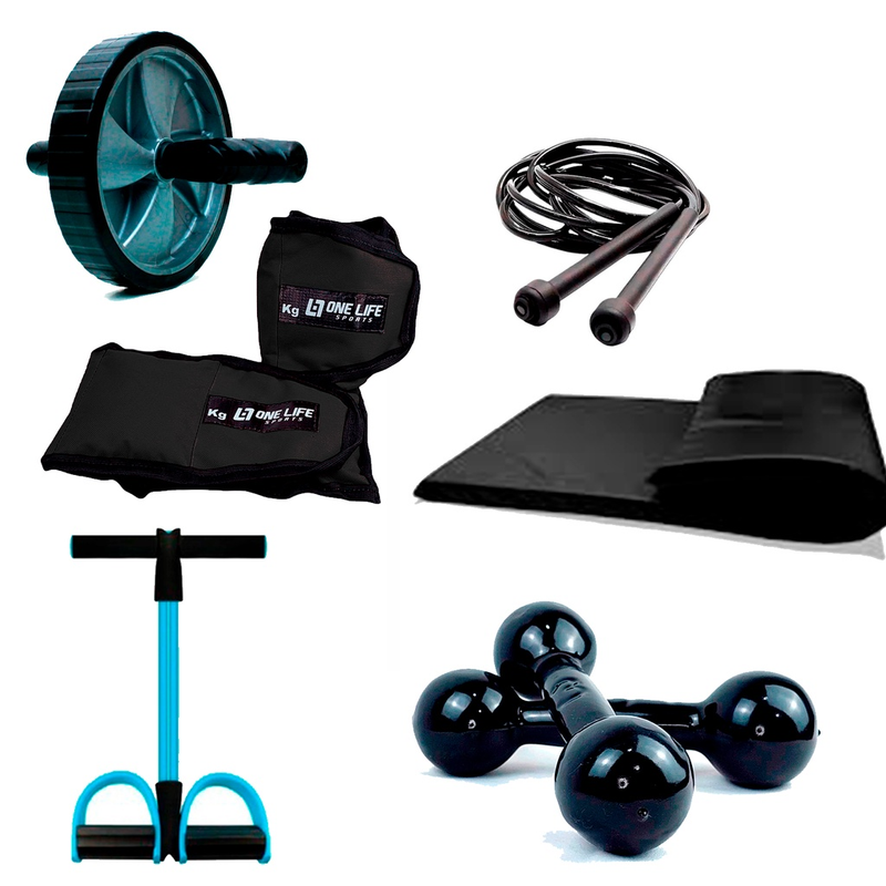 Kit Funcional Completo C/ 6 Itens :- Par caneleira de 3kg +Par halter de 1kg + colchonete + Roda + Extensor + Corda