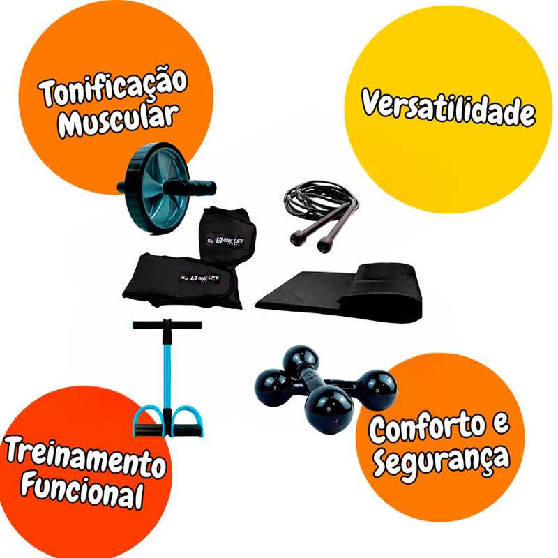 Kit Funcional Completo C/ 6 Itens :- Par caneleira de 3kg +Par halter de 1kg + colchonete + Roda + Extensor + Corda